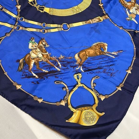 Vintage Hermes Pampa Scarf by Jean De Fougerolle Navy/Royal Blue Gold - Picture 8 of 10